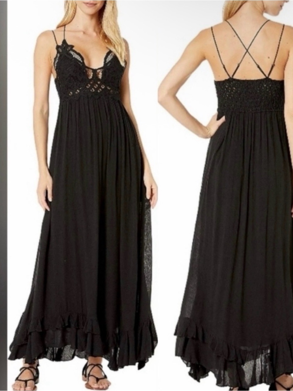 FREE PEOPLE "Adella" Maxi Slip Dress With Lace Top, Black, Size S, EUC - Picture 2 of 9